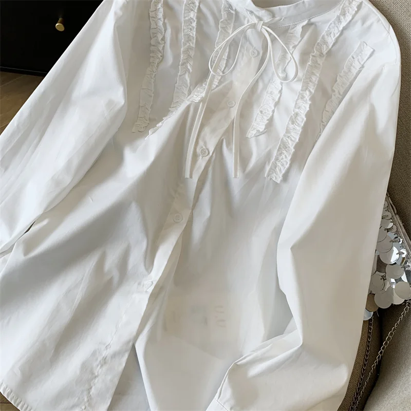 Женская белая рубашка с завязками в виде банта, кружевной дизайн Y2k, элегантная французская офисная девушка, база 2000-х годов, модная осенне-зимняя рубашка с длинными рукавами
