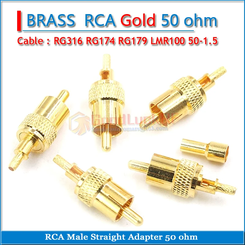 

RCA Male Window Plug Crimp for RG316 RG174 RG179 LMR100 50-1.5 Cable Straight GOLD 50 ohm RF Connector Adapter Socket
