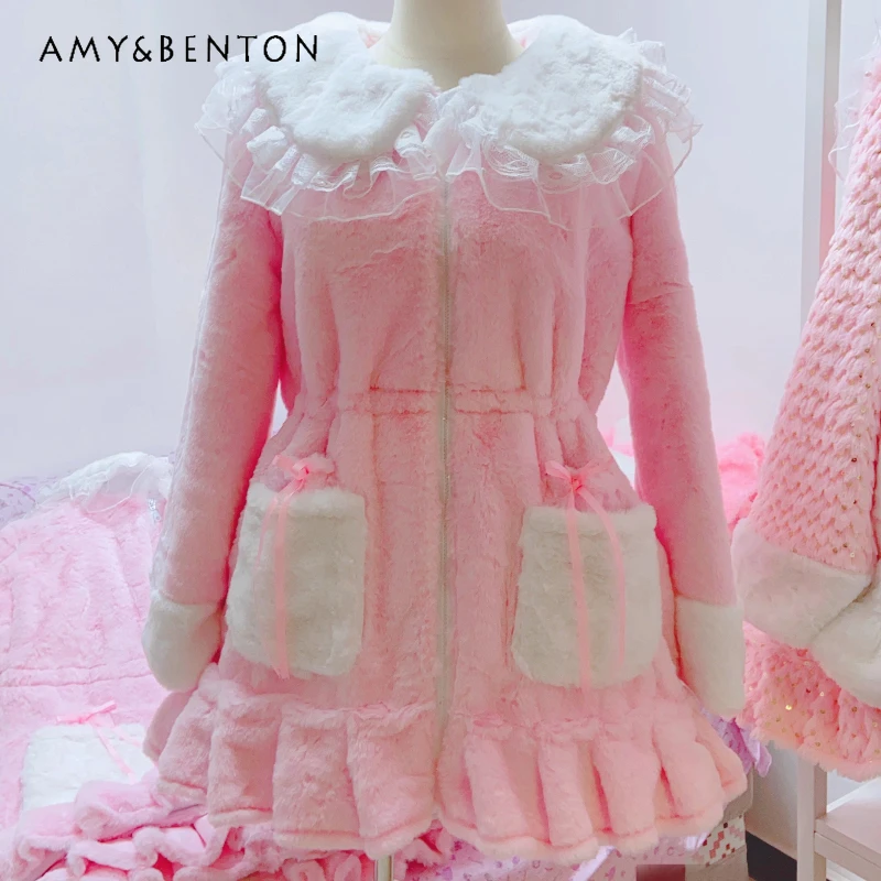 Original Design Sweet Cute Bow Y2k Pocket Fleece-Lined Women's Jackets 2025 Winter New Warm Loose Kawaii Cotton Coats Ladies