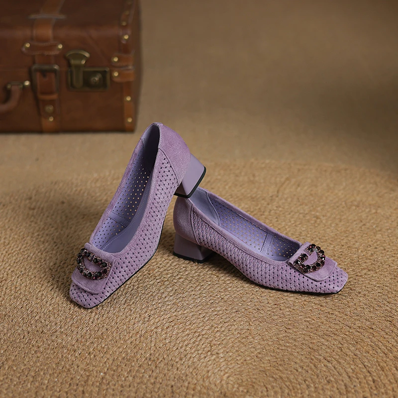 women's hollow-out natural suede leather crystal buckle slip-on pumps 4cm thick med heel elegant ladies heeled dress shoes - Image 5