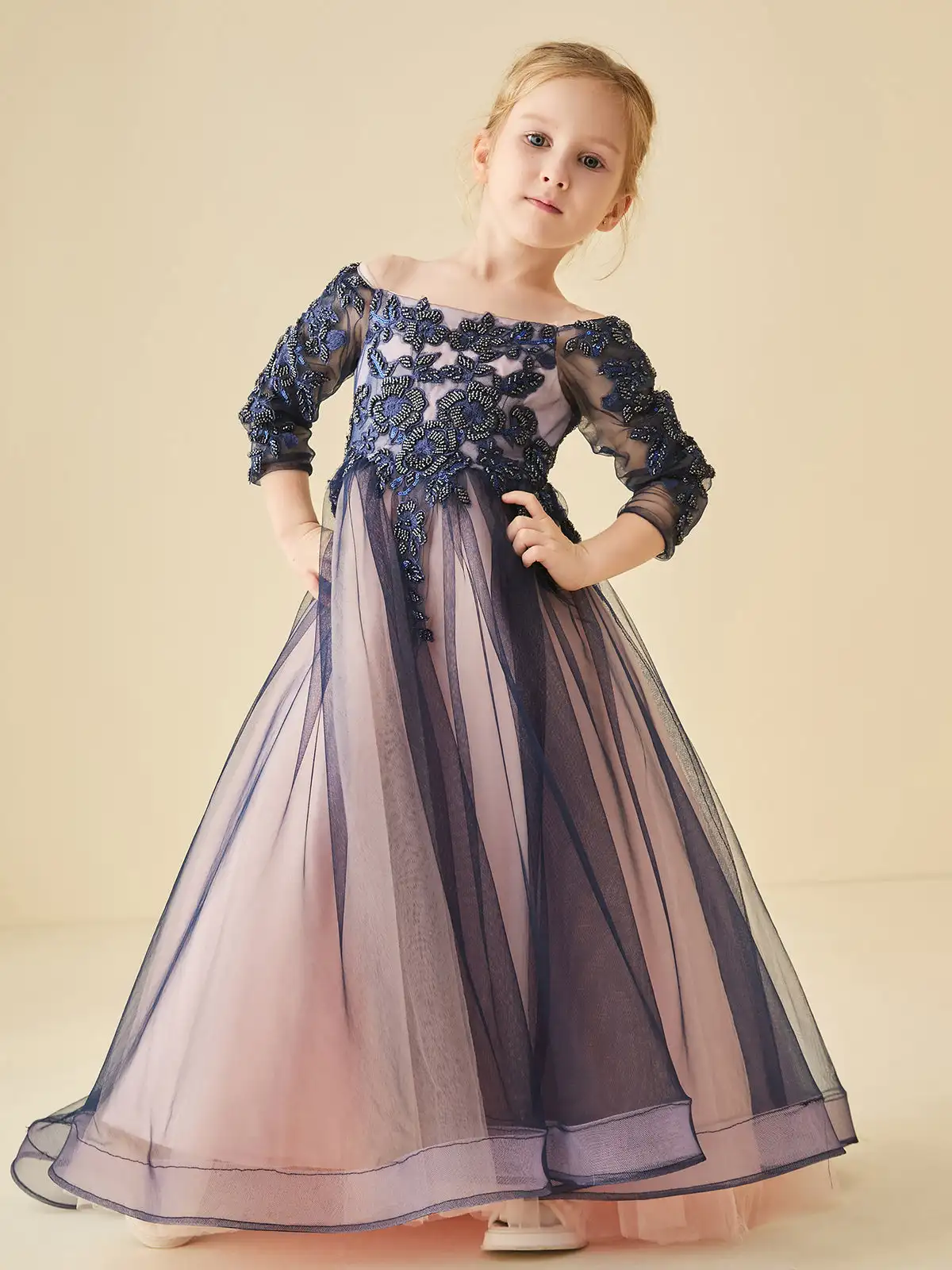 

3/4-Length Sleeves Beaded Tulle Flower Girl Dress Wedding Children Birthday Floor Length Party Gowns