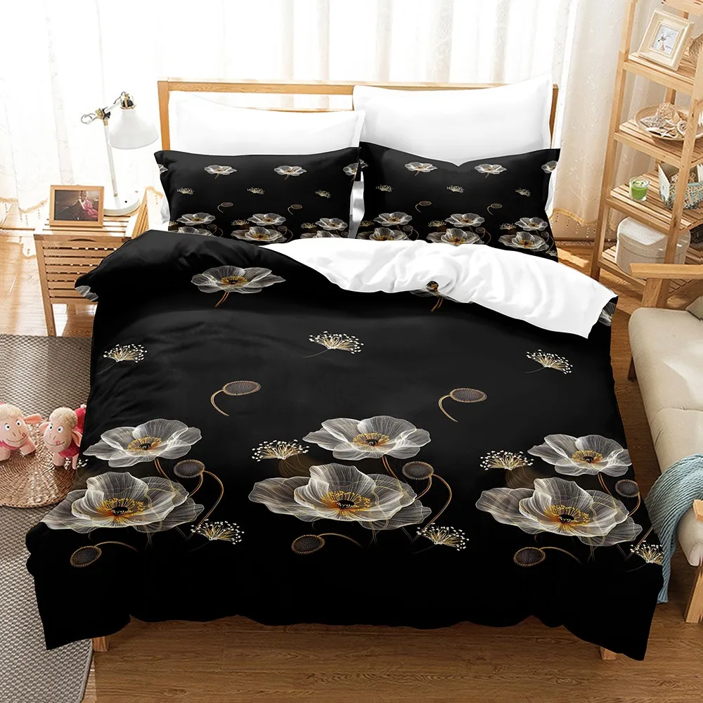 3PCS Black Duvet Cover Set Golden White Flowers Printed Duvet Cover With Pillowcases Single Twin Queen Size Bedding Set for Home