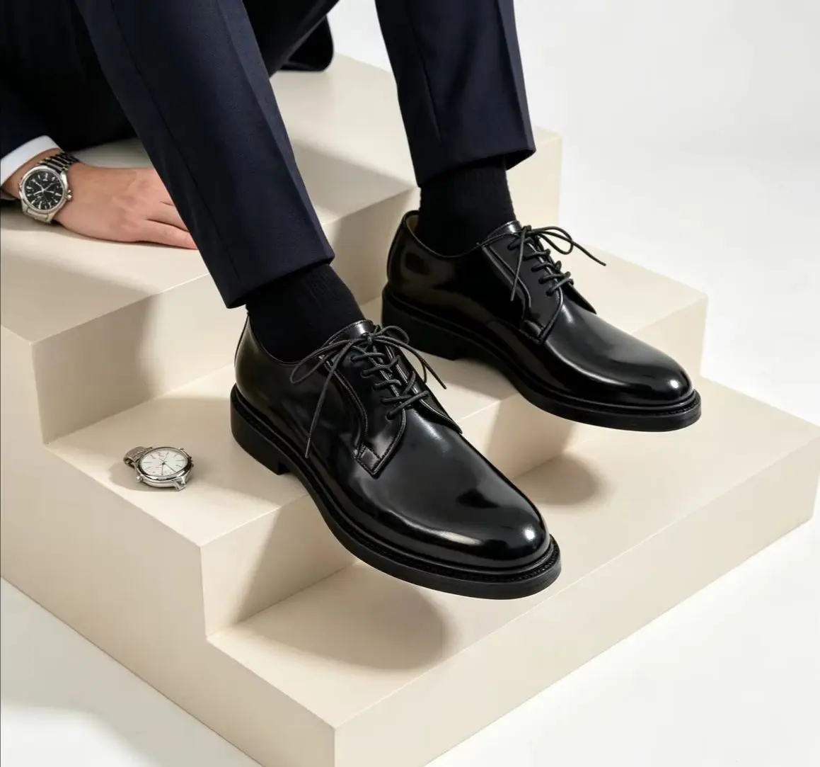 MC1480 Men Glossy Shell Cordovan Business Derby Shoes Daily Commute Street Hand Welt Thick Sole Formal Leather Shoes