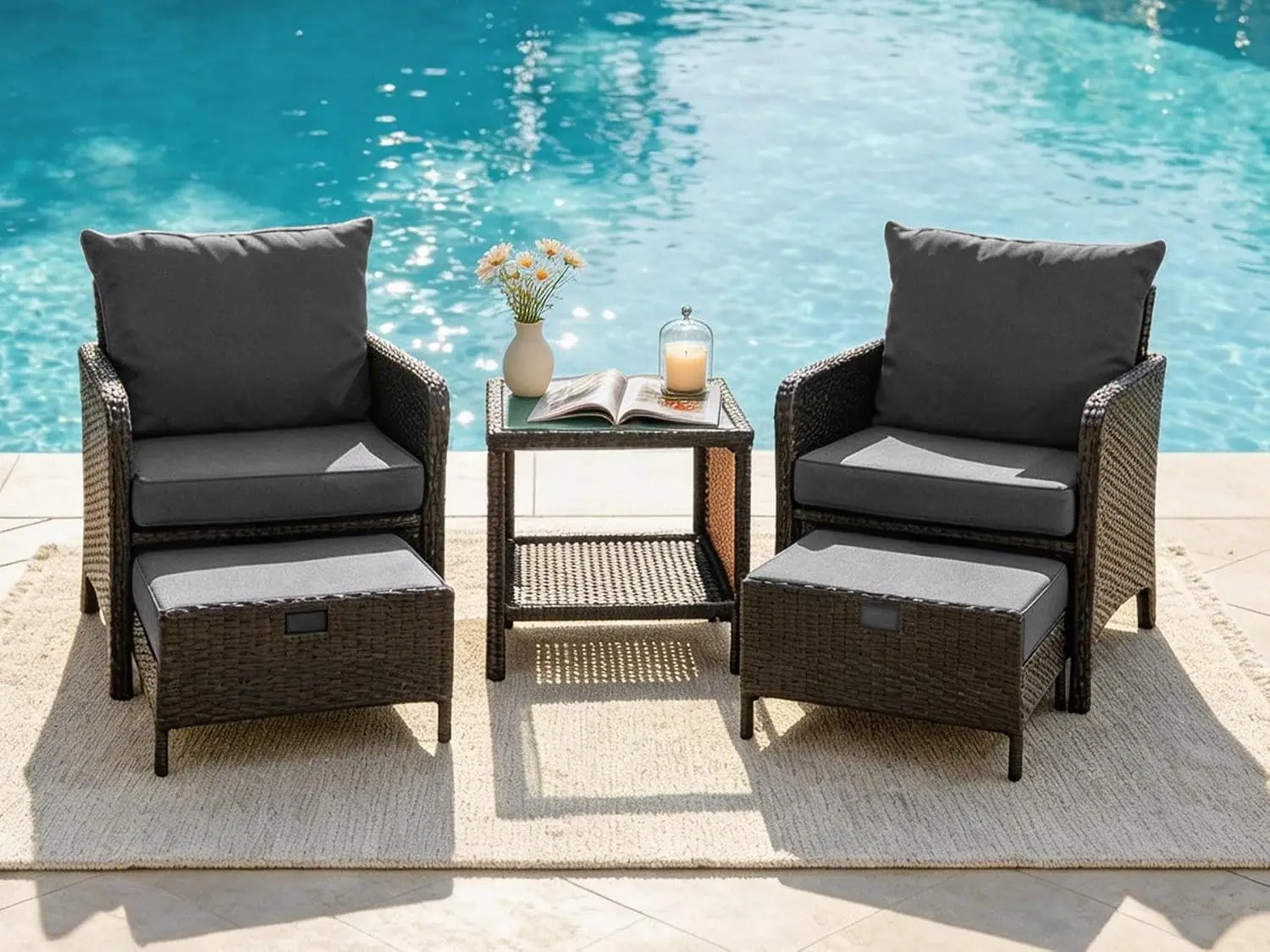 #5 Pieces Patio Sofa Set with Ottoman, 3 in 1 Wicker Lounge Chair with 4