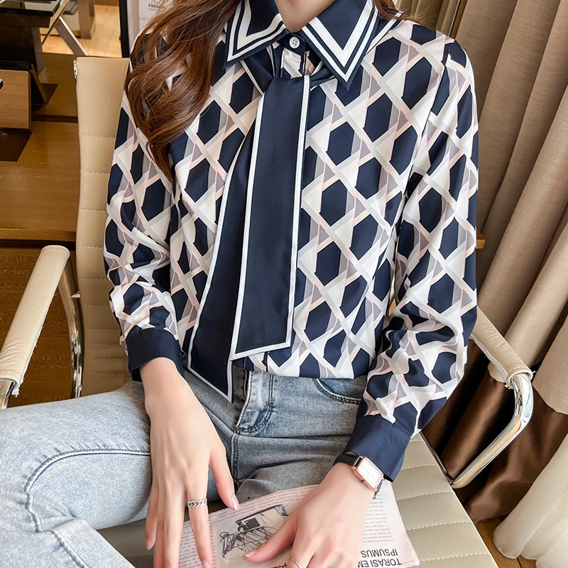 France style New elegant office ladies printing shirts 2022 Spring Summer Women\'s Blouses Long Sleeve Shirts Tops Blusas Mujer