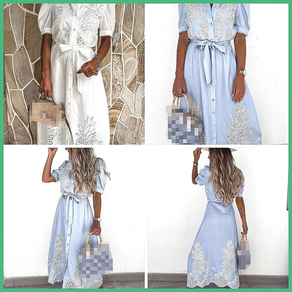 

Elegant Hollowed Out Swing Dress for Women, Summer Short Sleeve Lace Up Long Dress with Bubble Sleeve
