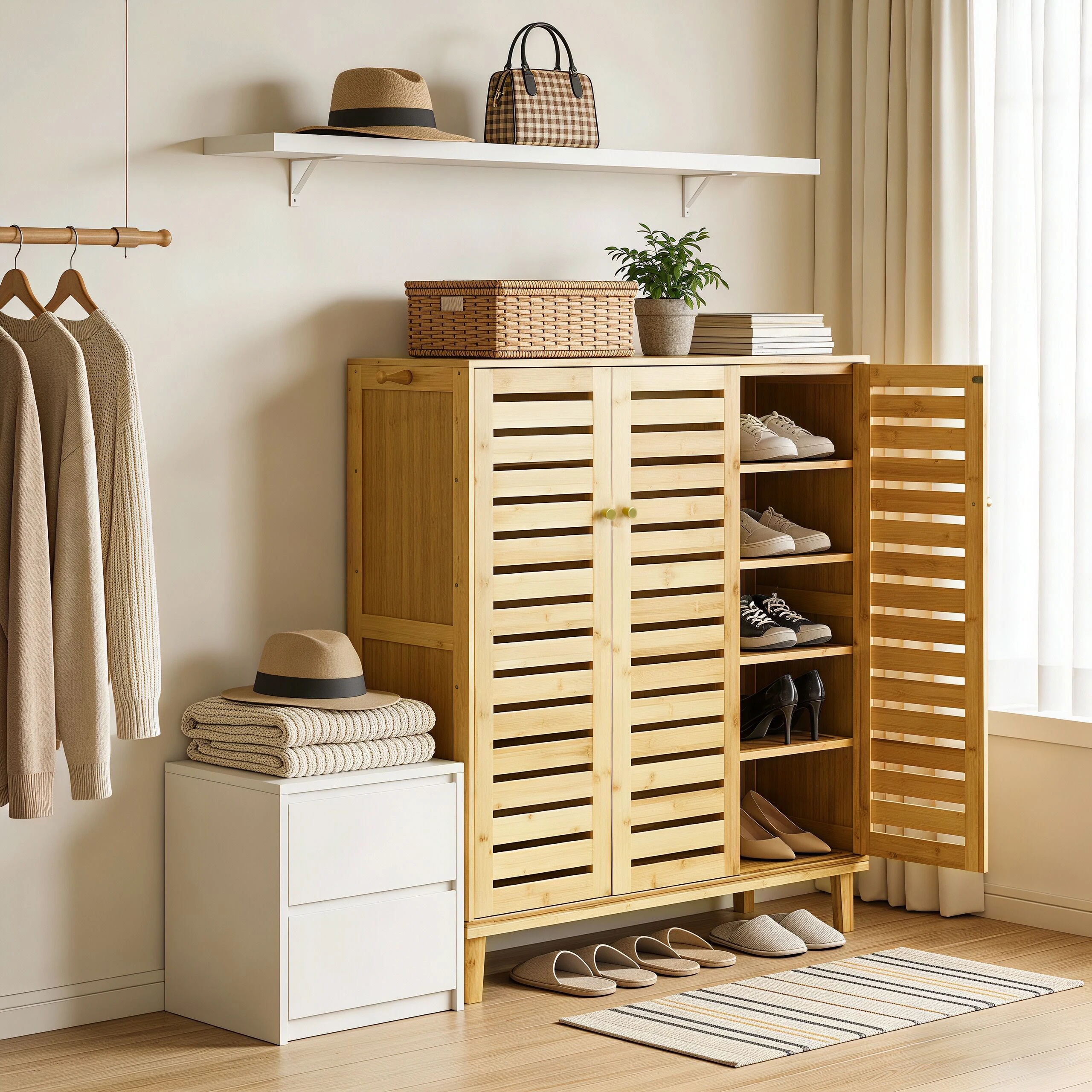 Bamboo Shoe Storage Cabinet with Slatted Doors, 5-Tier Wooden Shoe Organizer Cupboard for Entryway Hallway, Freestanding Large Shoe Rack with Side Hooks & Magnetic Closure