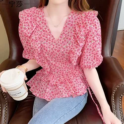 Ruffled V-neck Floral Short Sleeve Blouse Summer New Printing Thin Loose Lacing Sweet Shirt Tops Elegant Fashion Women Clothing