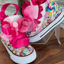 Kids Shoes Name Photo Custom Design For Girl Birthday Party Canvas Dollbling Handmade Bling Rainbow Pearls Sneakers