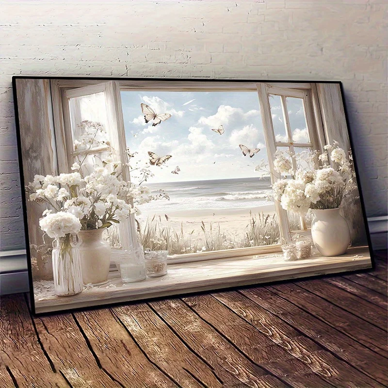 Modern Abstract Window Vase Flower Scenery Print Art, Frameless Canvas Wall Decor for Living Room and Bedroom, Beach Scene with
