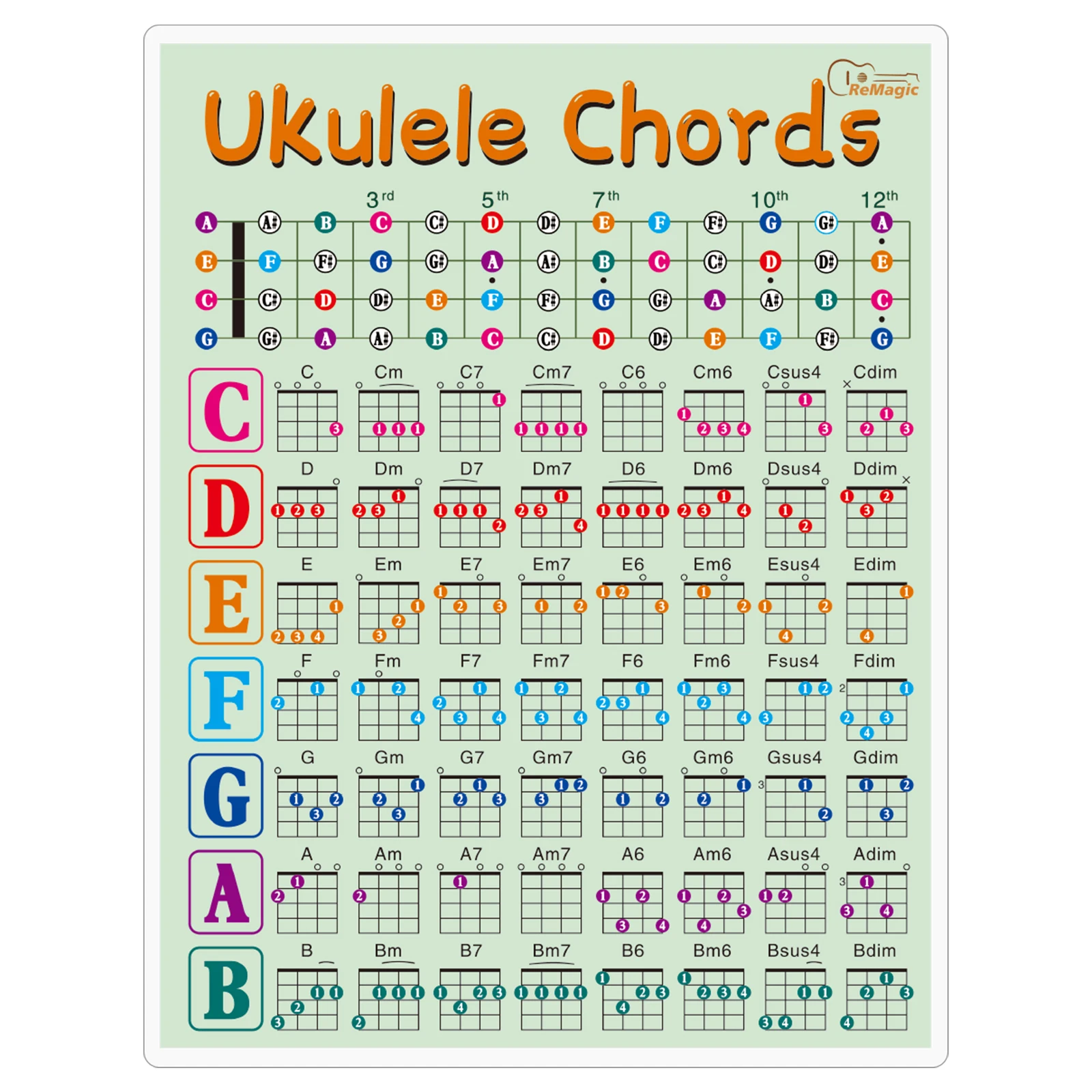 1 Pcs Double Side Ukulele Chord Chart Poster for Beginners Songwriters Scales Circle of Fifths Waterproof Music Theory Reference