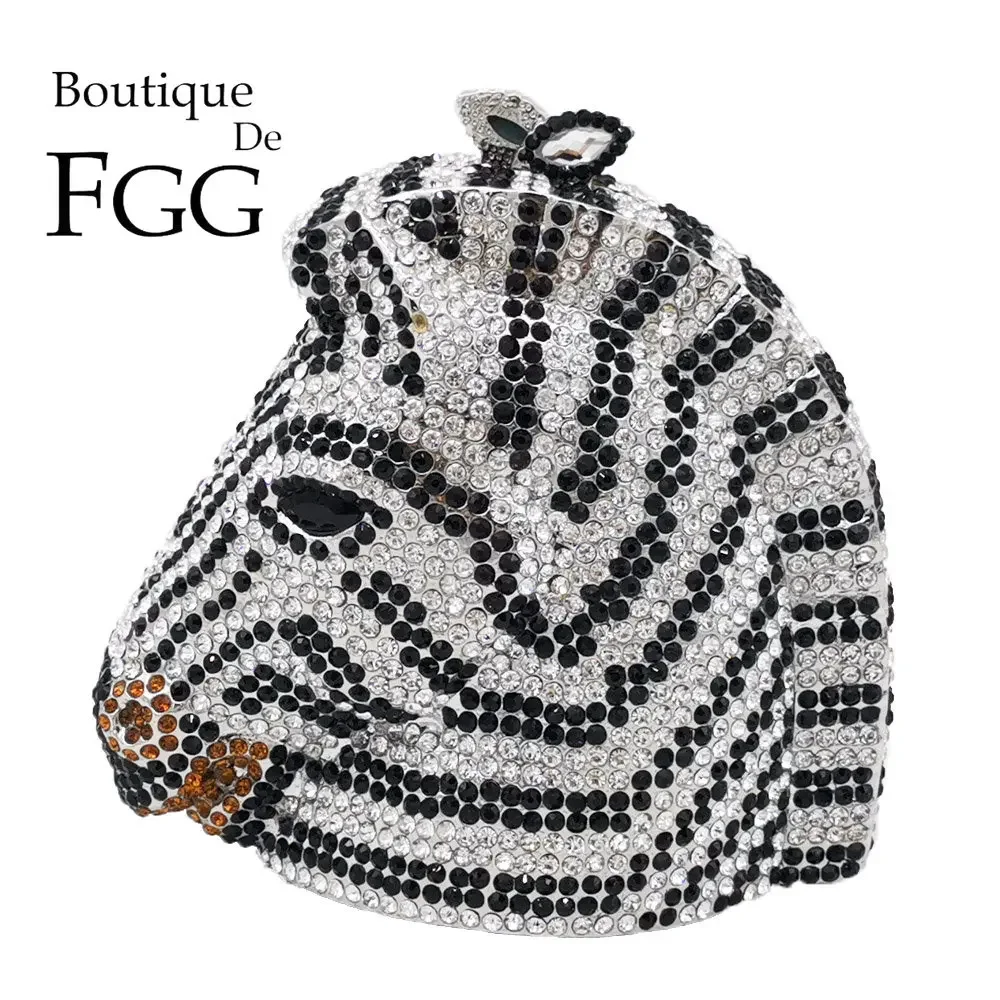 

Boutique De FGG Zebra Head Women Minaudiere Evening Bags Party Dinner Crystal Clutch Handbags Cocktail Rhinestone Purses Bag