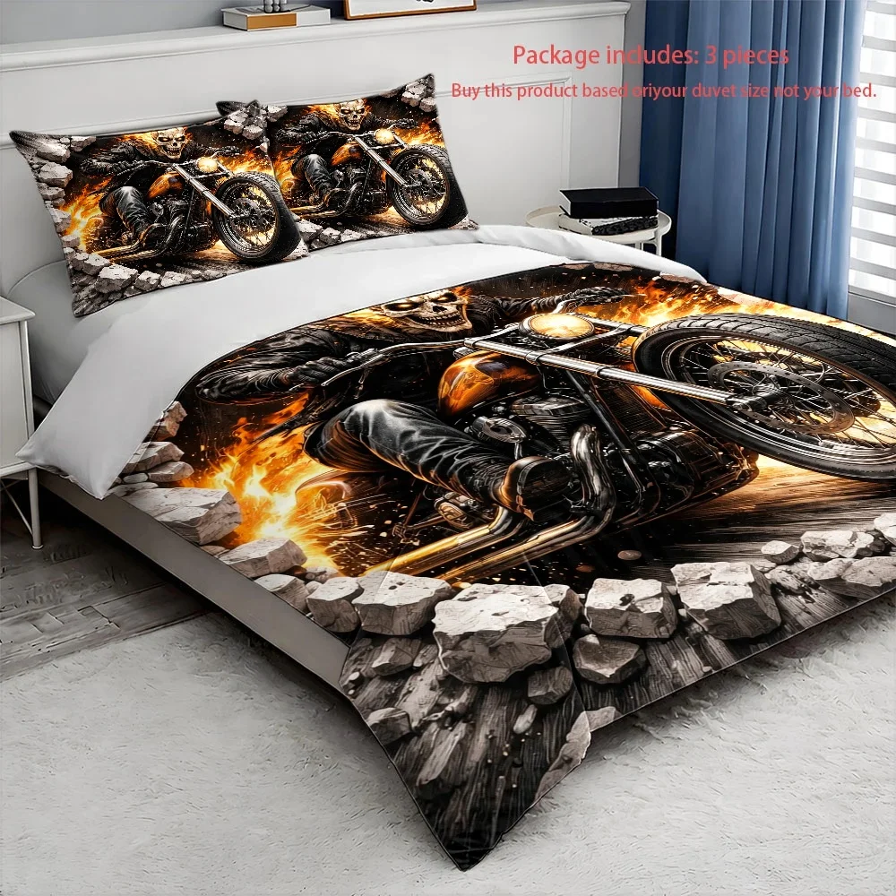 3Pc Ghost Rider Flame Skull Motorcycle Wall-Breaking Theme Duvet Cover Set, Three-Piece Bedding Set (1*Duvet Cover + 2*Pillowcases), Suitable for All Seasons, Machine Washable, Invisible Zipper, Large Double Bed Cover, Suitable for Home, Dormitory, Master Bedroom, Guest Room, Personalized Trendy Motorcycle Skull Print Bedding Set, Bedroom Decoration Bedding Set, 2D Flat Print view 4