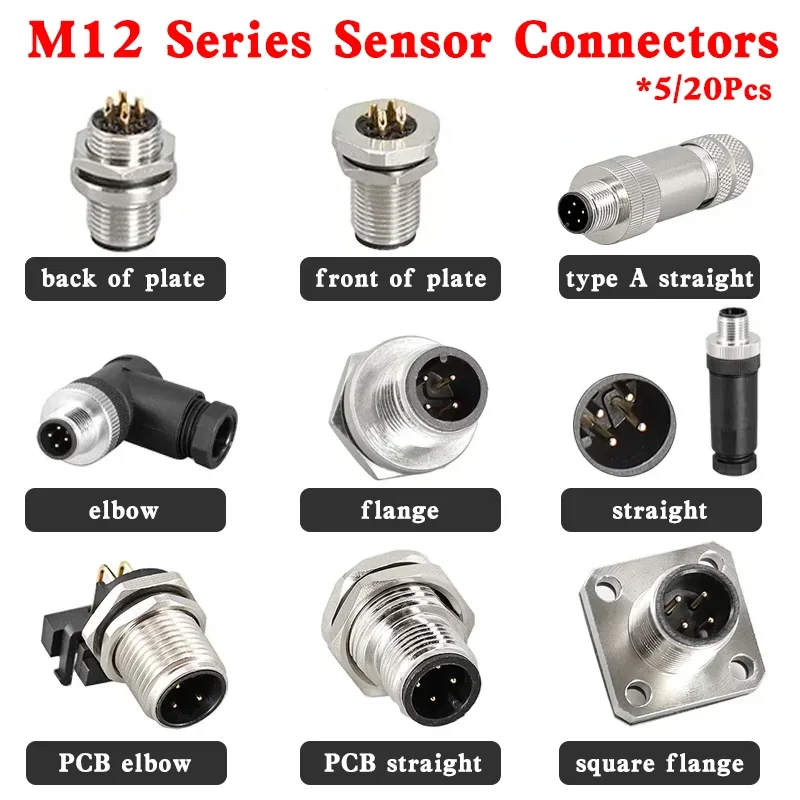 5/20 Pcs M12 Sensor Connector Waterproof Straight Angle Shielded Flange Male&Female Screw Threaded Plug Coupling 3 4 5 6 8 12Pin