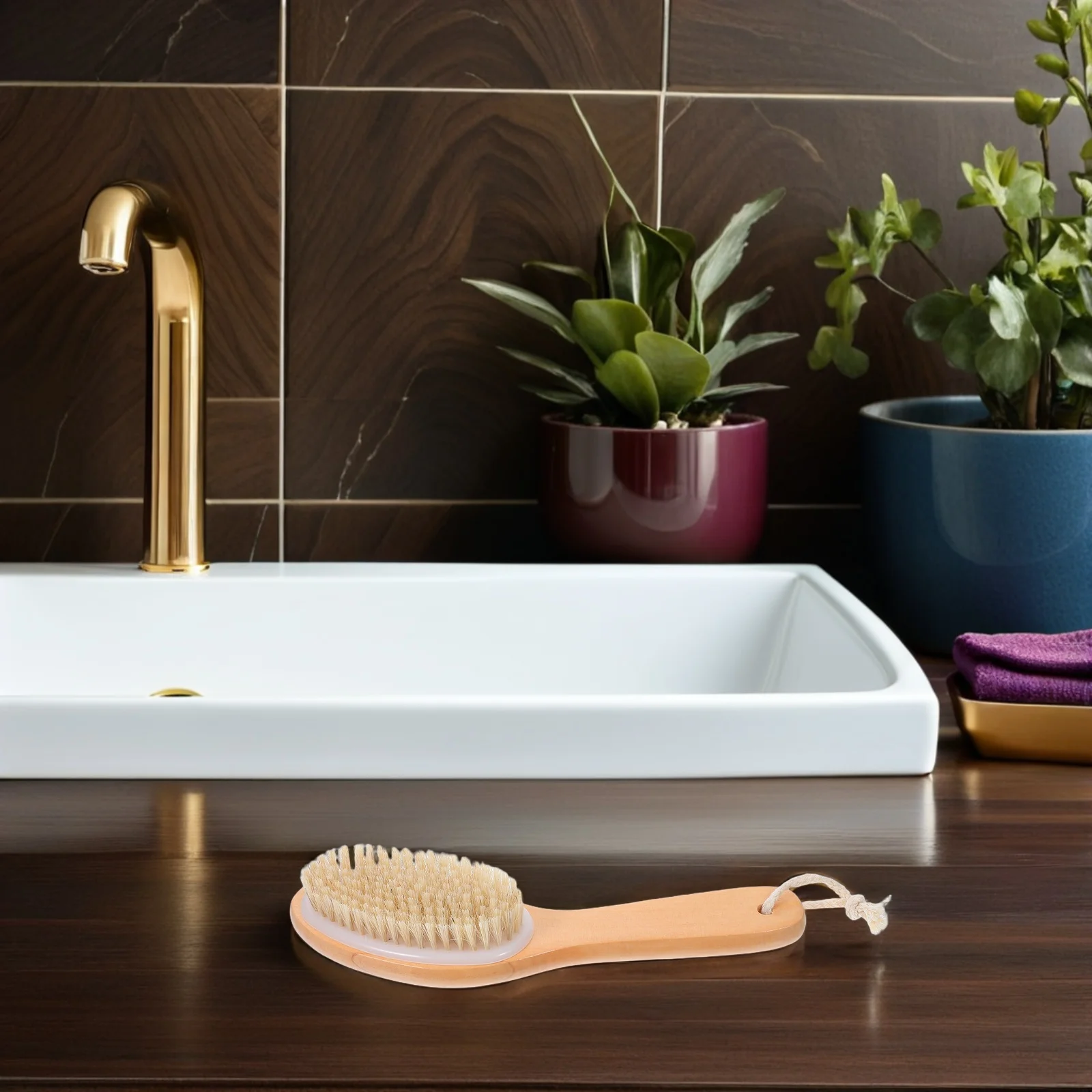 

Wooden Bath Shower Brush 25x7cm Medium Stiff Bristles Bent Handle Exfoliating Body Massage Brush Stimulates Blood Circulation