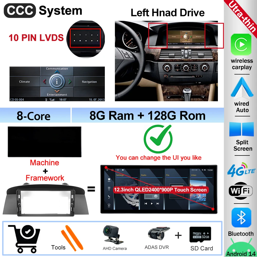 12.3" Ultra-thin Screen Android 16 BT for BMW 5 Series E60 E61 E62 2004-2008 CIC CCC System 4G Car Radio Video Multimedia Player image 3