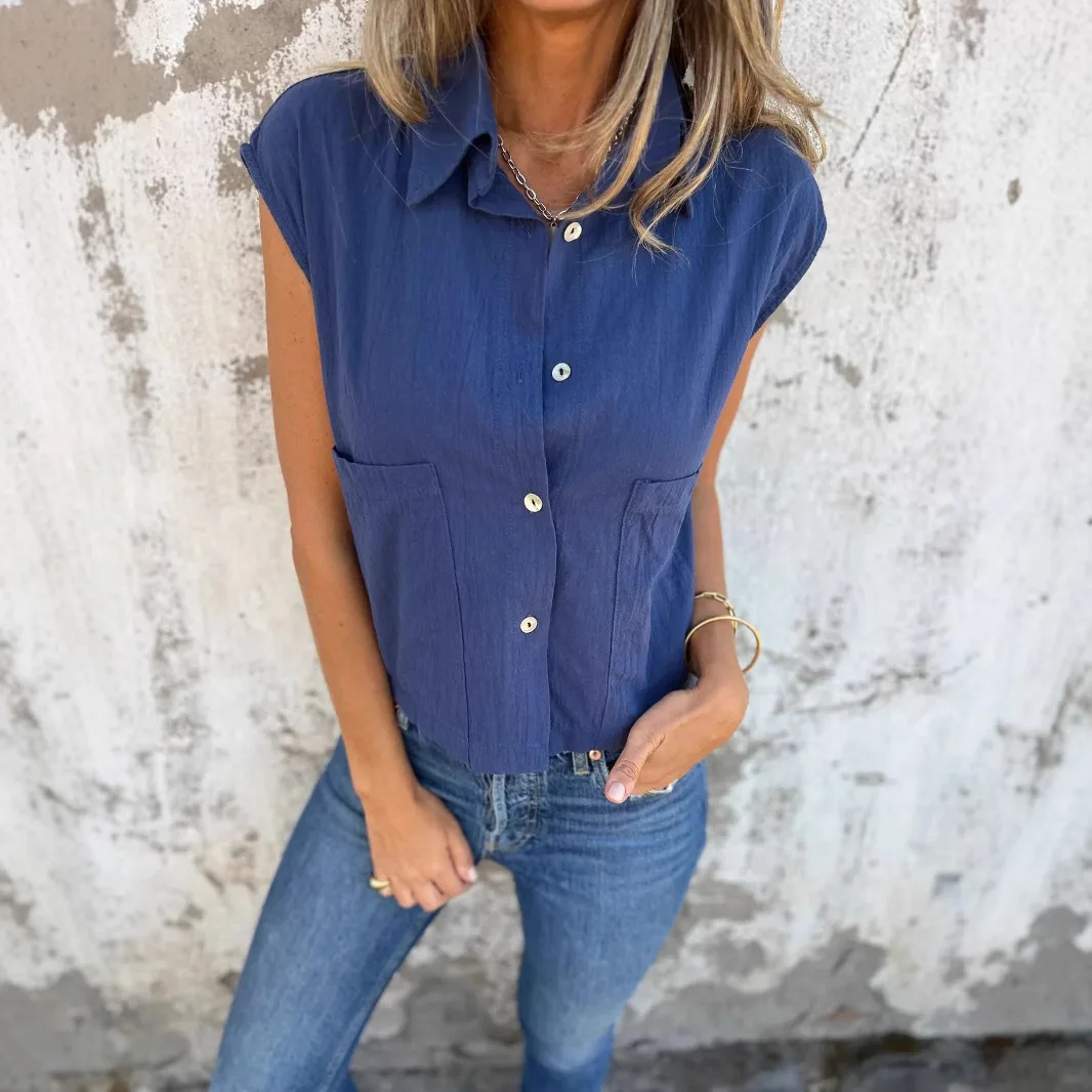 

New Casual Summer Loose Short Sleeve Button Pocket Cotton And Linen Shirt Women
