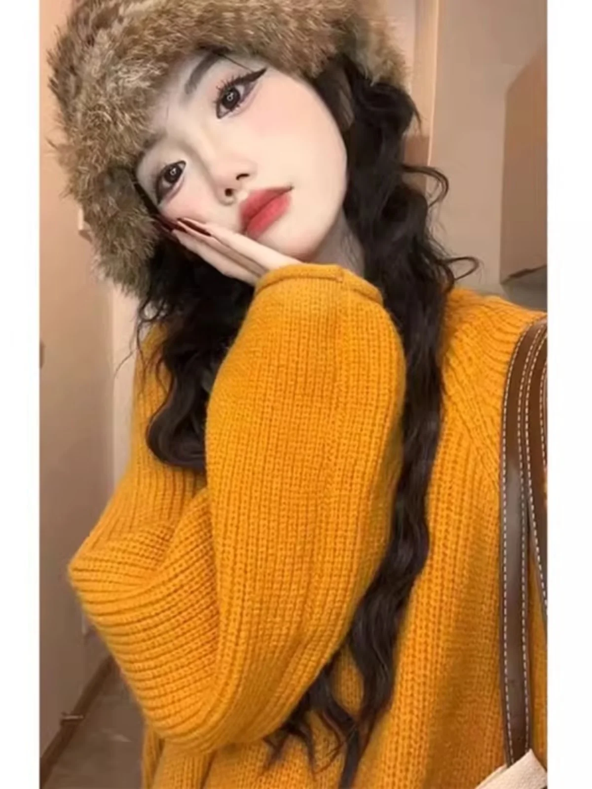 Orange runder Ne Pullover Pullover Damen Herbst Winter Korean Sle Lazy Faion Strickoberteil Warm Lang Sve Casual irt