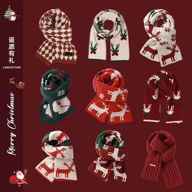 

Red Scarf for Women Winter Cute Warm Plaid Christmas Reindeer Knitted Neck Warmer