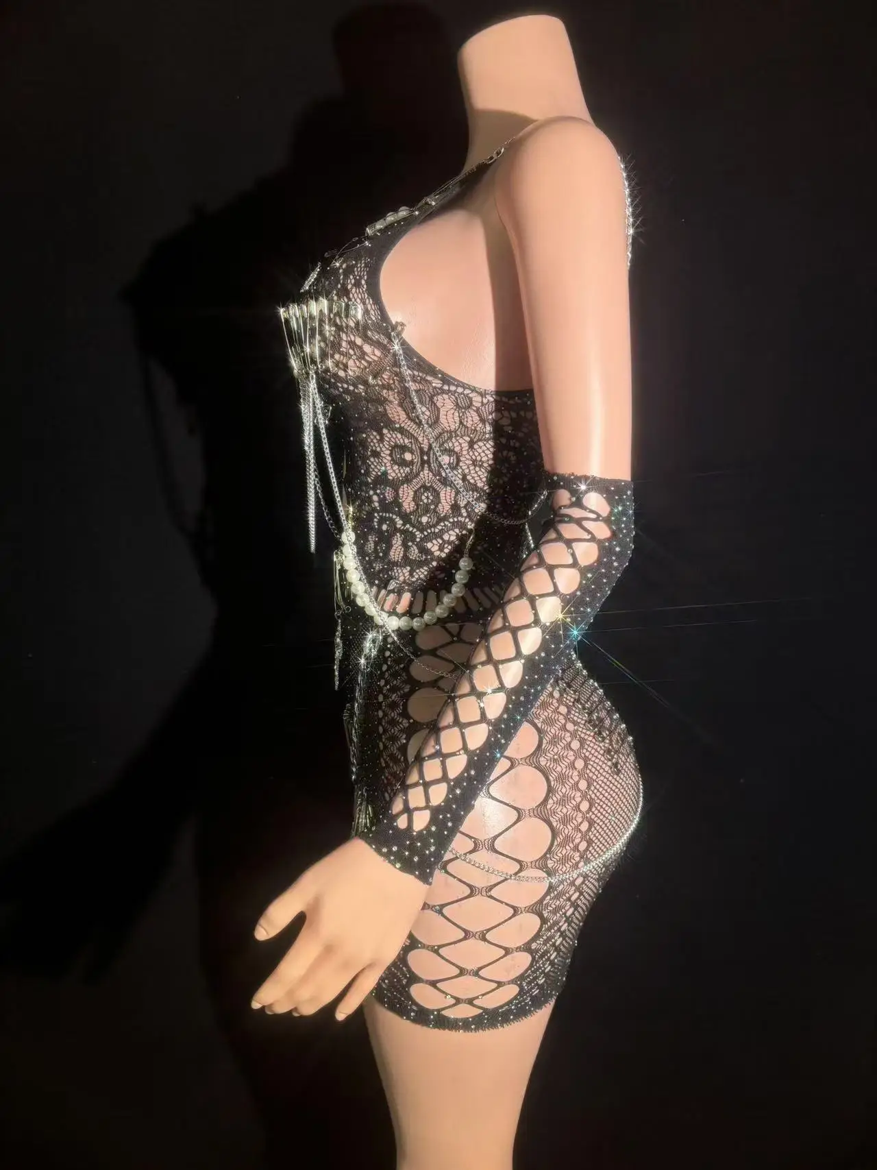 Women Sparkling Metal Chain Sleeveless Cut Out Bodycon Bodysuit Celebrity Nightclub Bar Party Stage Performance Photoshoot Dress