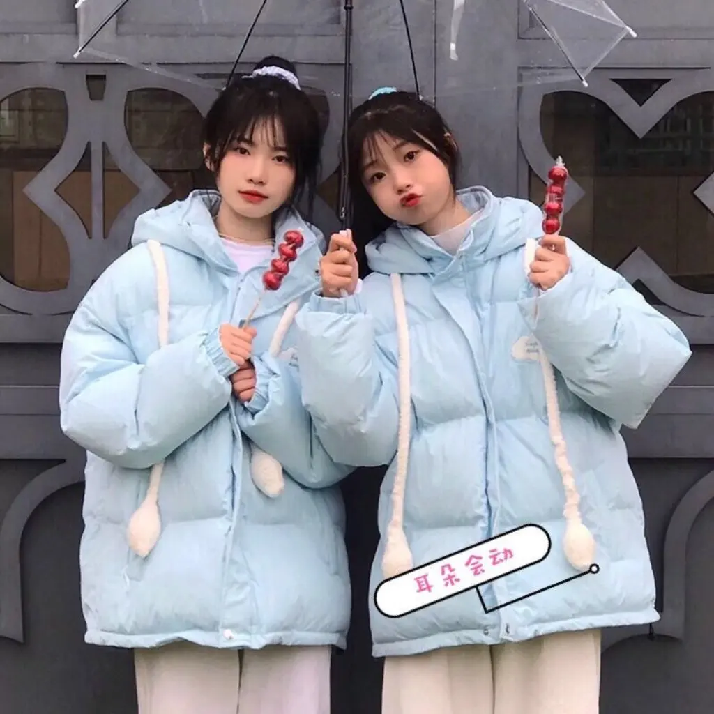 

Женское утолщенное пальто на хлопковой подкладке с кроличьими ушками, движущаяся ниша, зимняя верхняя одежда, свободный модный стиль для новых студентов