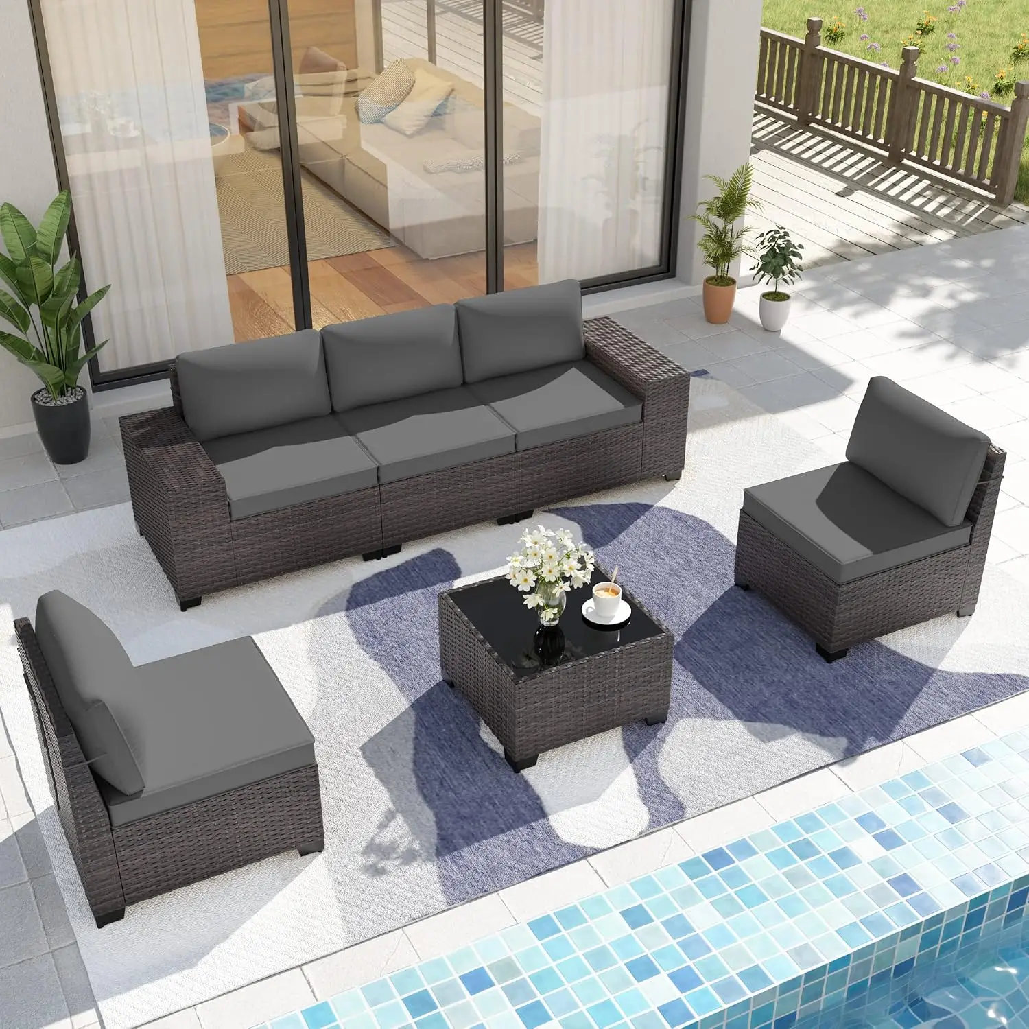 6 Pieces Patio Furniture Set, Rattan Outdoor Conversation Set w/ 4 Inch Cushion & Glass Coffee Table, Customized