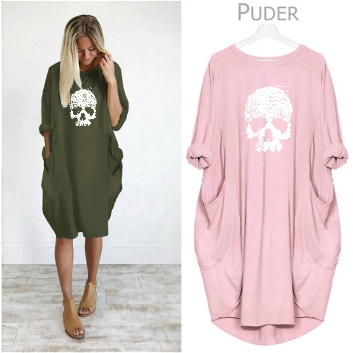 Women's Summer Loose Skull Print Round Neck Long Sleeve Pocket Comfortable Casual P lus Size Dress  ashion Streetwear Oversized