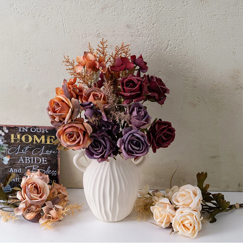 

4 pcs Artificial Rose Flower Bouquet Long Stem Fake Silk Roses for DIY Wedding Bouquet Table Centerpiece Home Decor Pink/Purple