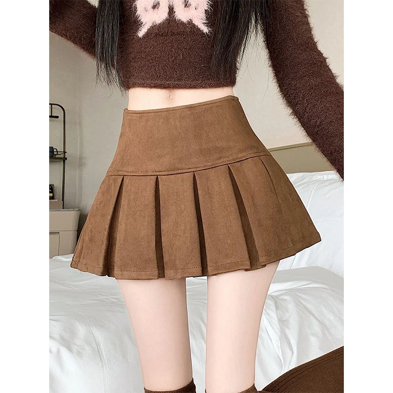 Vintage Suede Mini Skirt Women Harajuku Streetwear Black Pleated Skirts Autumn Winter Ladies Korean High Waist A Line Faldas New