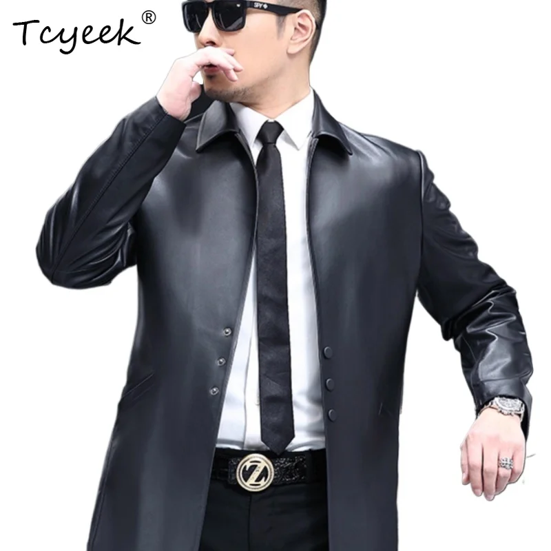 

Tcyeek Натуральная овчина Весна Осень Высококачественная модная черная мужская куртка средней длины с лацканами из натуральной кожи Chaqueta Cuero Hombre