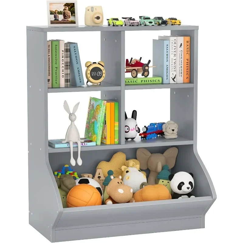 

Toy Storage Organizer with Bookcase, 3 Cubby Bookshelf Toy Storage Cabinet, Open Multi-Bins Toys&Books Storage