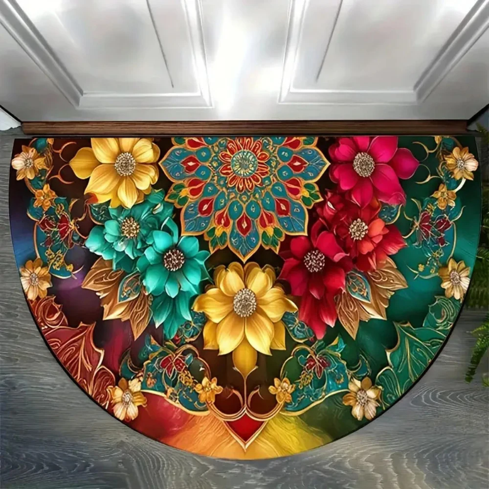 Carved Gold Floral WELCOME Semi Circle Doormat Welcome Doormat Floor Mat for Indoor Entrance Antique Oriental Home Decor Gift