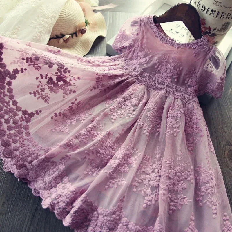 Vintage Girl Dress Embroidery Lace Flower Dress Children Short Sleeve Birthday Party Vestido Summer Toddler Girl Clothes 3-8 Yrs