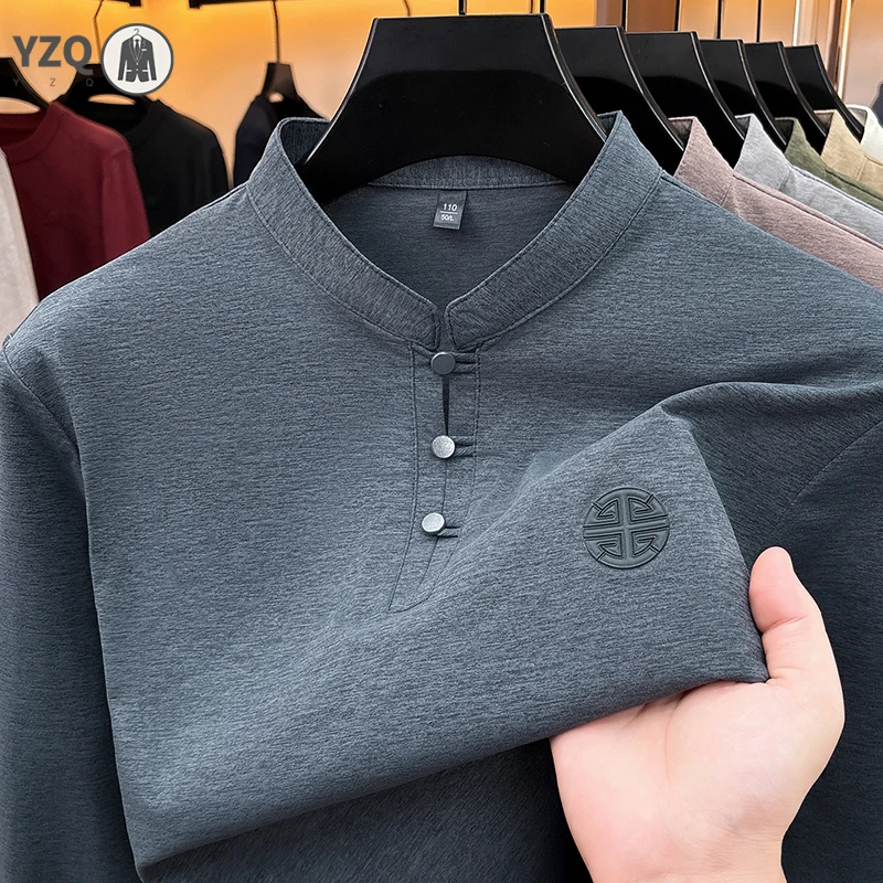 Men Stand Neck Long Sleeve Basic Shirt Three Button Closure Chest Embossed Mark Soft Fabric Relax Leisure Garment