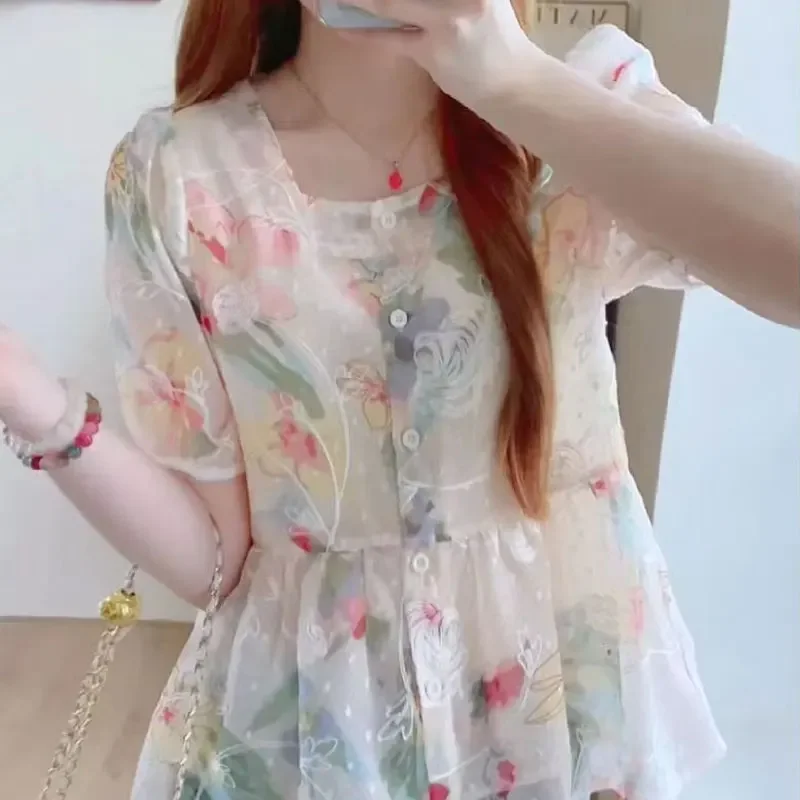

Female Clothing Sweet Floral Printed Blouse Summer French Style Short Sleeve Elegant Square Collar Fashion Single-breasted Shirt