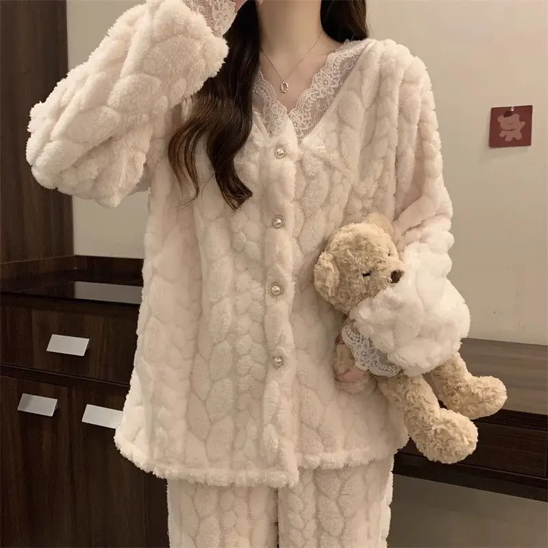 Autumn Winter Flannel Women\'s Pajamas Sets Contrast Lace Hollow Out 2pcs Sleepwear Velvet Homewear Sweet V-neck Cardigan Pyjama