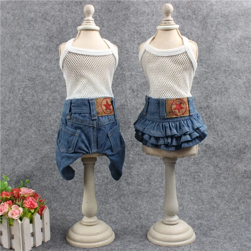 Pet Pure Mesh Base Denim Skirt Jeans Autumn and Winter Dog Parkas Coat Inner Outfit Teddy Pomeranian Small Dog Puppy Clothes