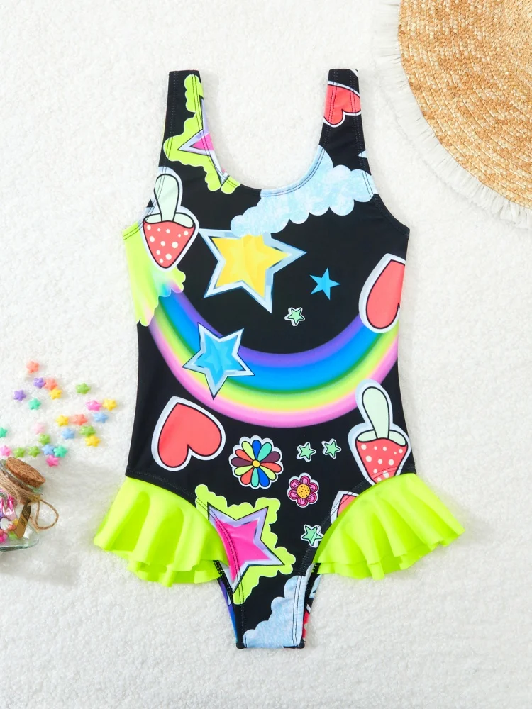 

One Piece Kids Girl Swimsuit 2025 New Cartoon Print Sling Children Swimwear Summer Ruffle Skirt Edge Beach Bathing Suit Swimming