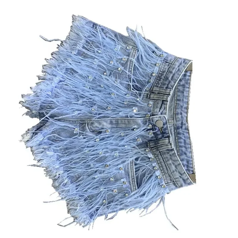 Spring And Aummer New Fringed Diamond-Encrusted Washed Light Blue Denim Shorts Fashionable High Waist Denim Breathable Shorts