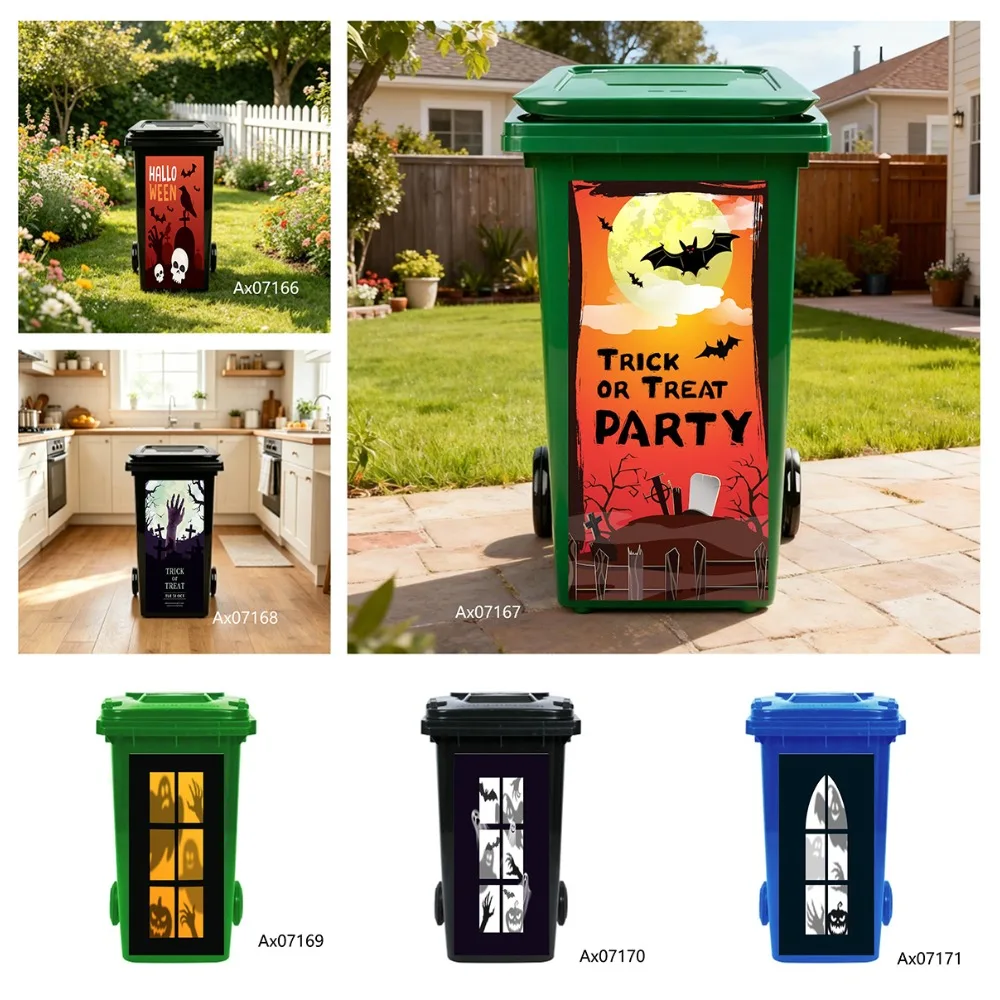 Trick or Treat Bat Moon Rubbish Bin Decals Creepy Zombie Hand Pattern Outdoor Halloween Garden Cabinets Wardrobe Decor Stickers