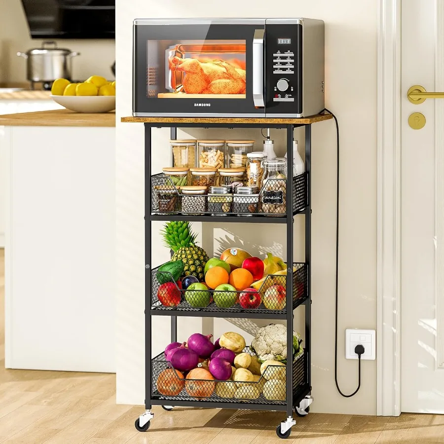 

Kitchen Microwave Cart with Fruit Baskets 4 Tier Microwave Table Stand with Storage Kitchen Storge Shelf on Wheels Small Rollin