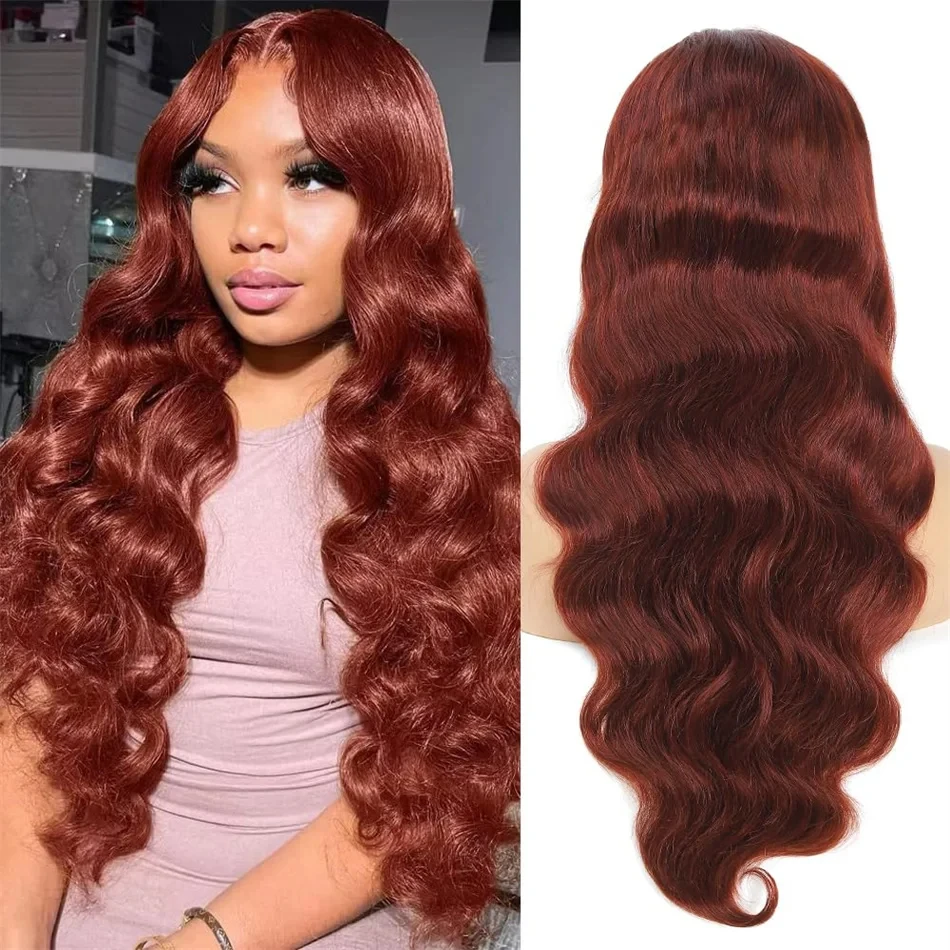 13X4 Lace Front Wigs With Baby Hair Body Wave Dark Auburn Human Hair Wigs Color 33# Reddish Brown Lace Frontal Wigs