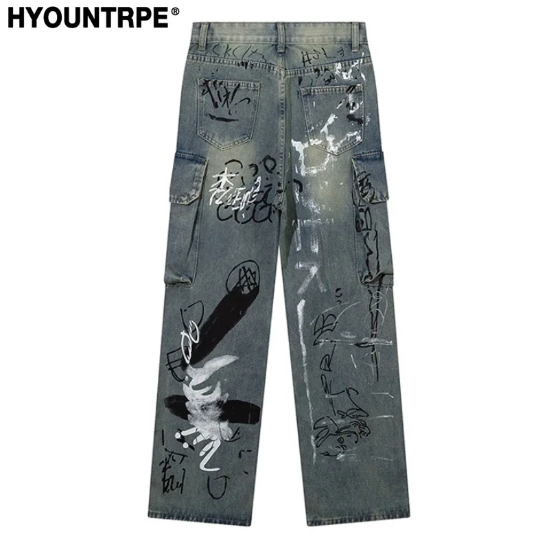 Graffiti Printed Denim Jeans Unisex Side Pocket Straight Cargo Jean Trousers Hip Hop Streetwear Casual Loose Joggers Jeans Pants