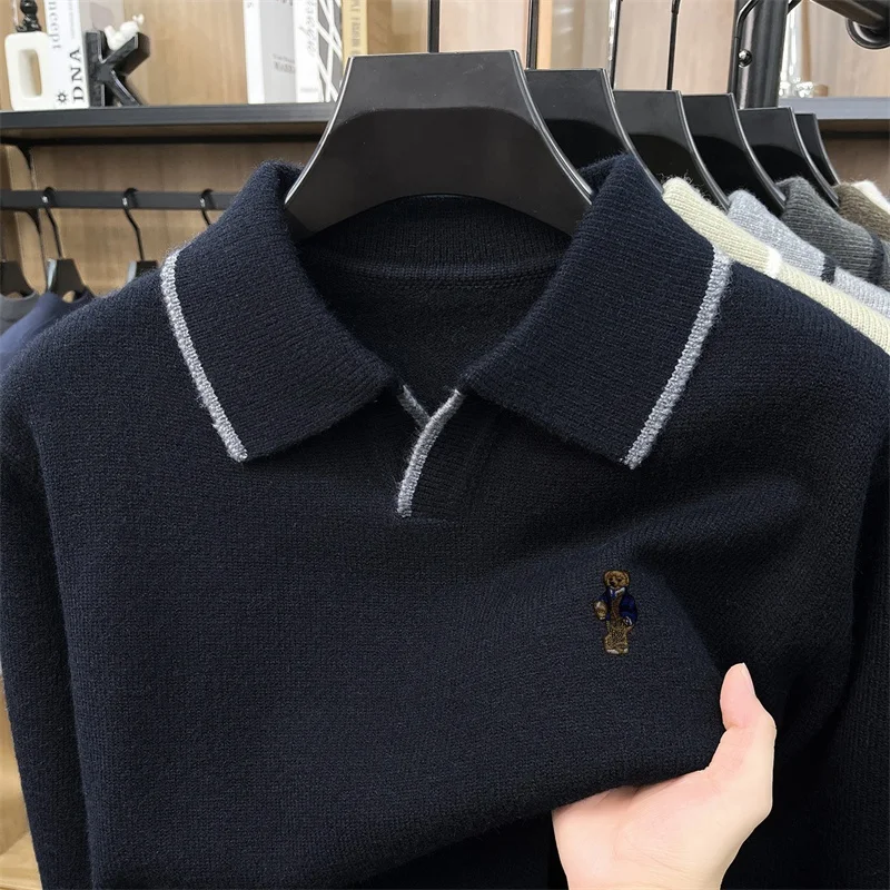 Luxusmarke Herren-Poloshirt mit Stickerei-Print, Herbst Neuheit, Langarm, Kragen, Einfarbig, Strick-T-Shirt, Modische Business-Herrenbekleidung – Detail 8