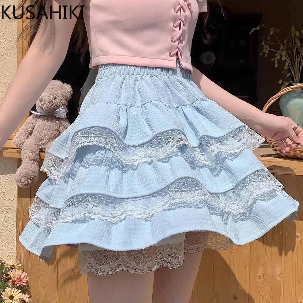 

KUSAHIKI Sweet Girl Style Women's Summer Short Lace Cake Skirt High Waist Pleated A-line Fluffy Short Skirts Mujer