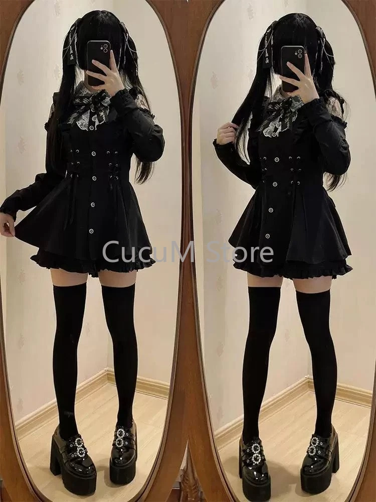 Harajuku Sweet Lace Patchwork Slim Fit Dresses+ Y2k High Waist Ruffles Shorts for Women 2024 Autumn New Two Piece Sets