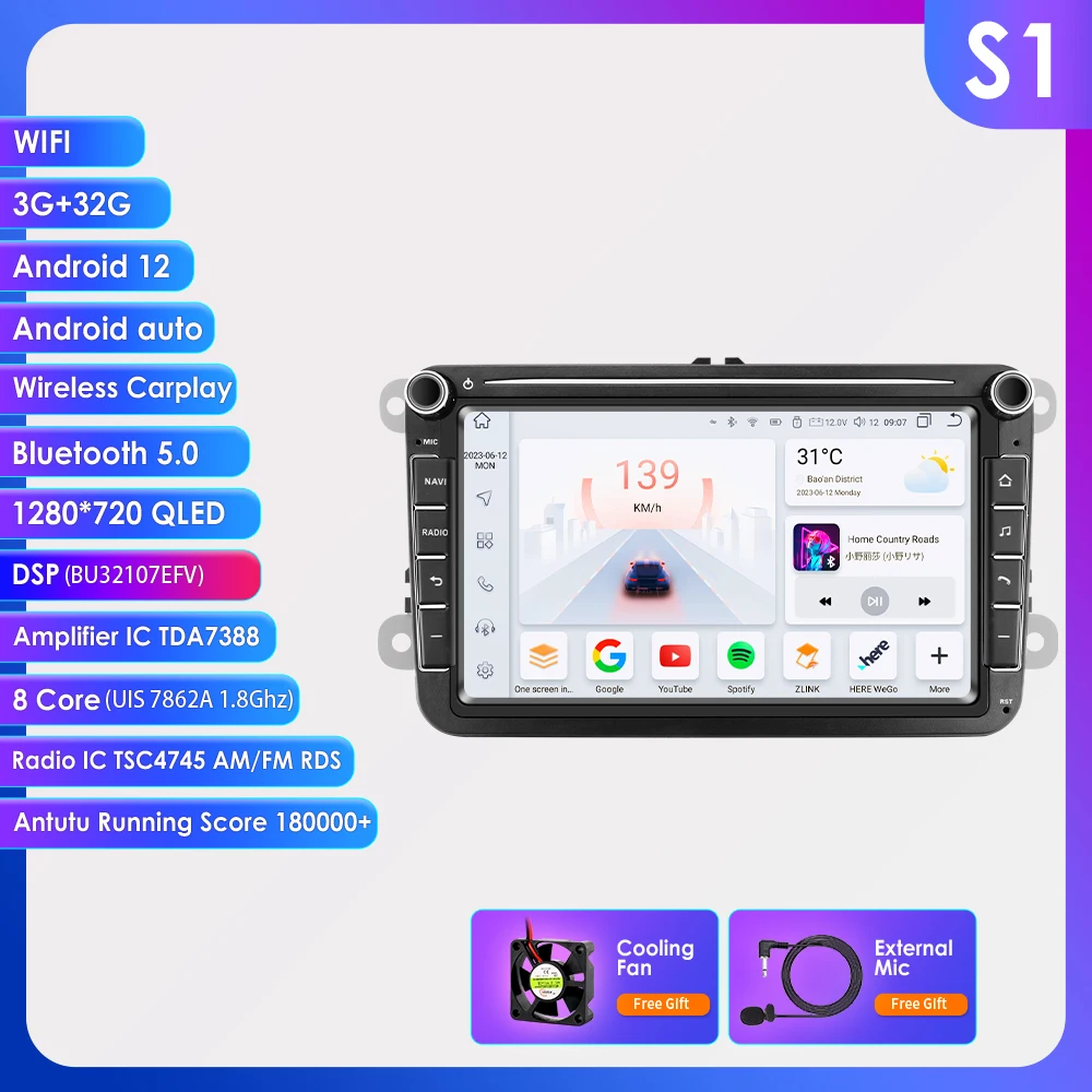 2DIN Carplay Android Autoradio GPS voor VW Caddy Polo Golf 5 6 Plus Passat B6 Jetta Tiguan Touran Sharan Scirocco Eos Seat Stereo
