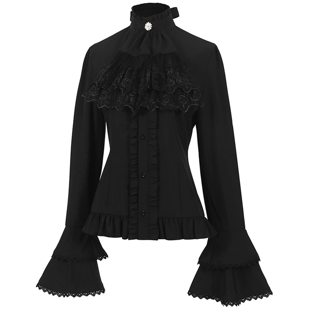 Elegante estilo francês camisa sólida feminina, suporte manga flare, babados bordados em renda, design bandagem, top preto gótico