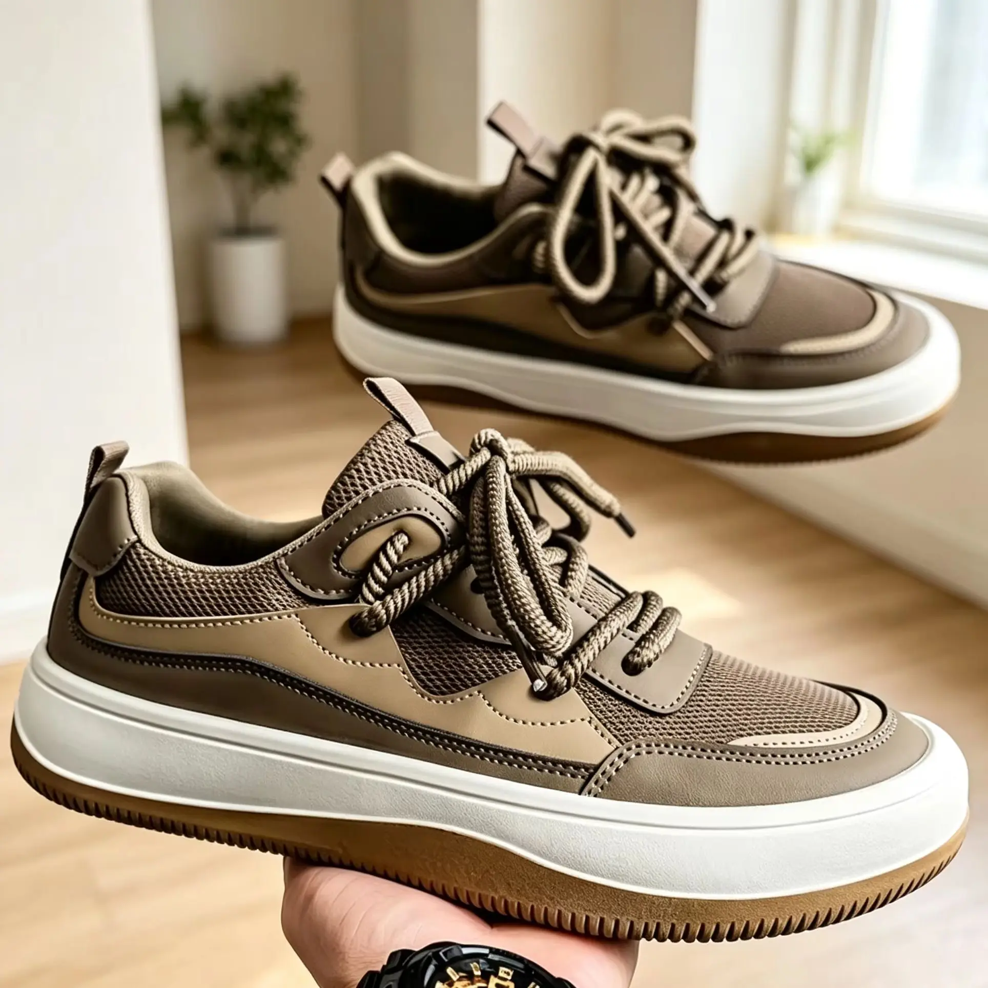 Men  Low‑Top Casual Sneakers Mesh Splicing Thick Gum‑Sole Board Shoes, Breathable Lightweight For Daily Commute Street Scenarios