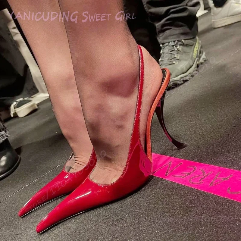 

Bending Heels Girl's Bright Red Patent Leather Pointed Sandals Brown Strange Style Sexy Woman Slingback Party Black Bling Shoes